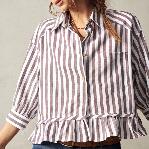 Brown Casual Women's Woven Striped Shirt Vacation natuical beachy travel europe - Picture 2 of 8